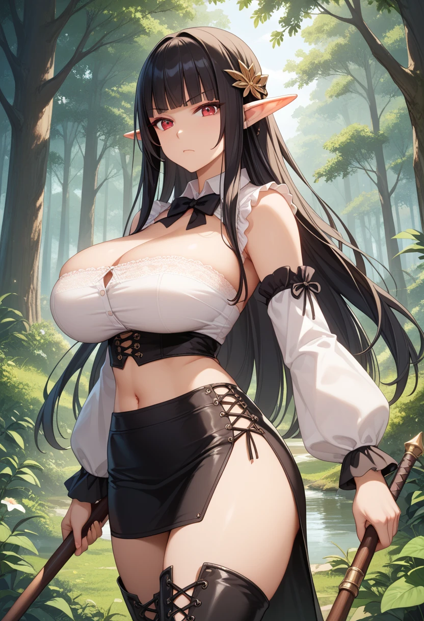 1girl, elf, curvy, huge breast, black hair, elbow gloves, forest background, masterpiece, high res, best quality, thick thighs, thigh highs, makeup, long hair, wavy hair, falling petals, cherry blossoms, purple eyes, sweat, nsfw, open mouth, spread legs, narrow waist, hair ornament, completely nude, navel, pussy, nipples, masterpiece, ultrasharp, 8k, circlet, hair over one eye, tongue out, necklace, dark skin female,