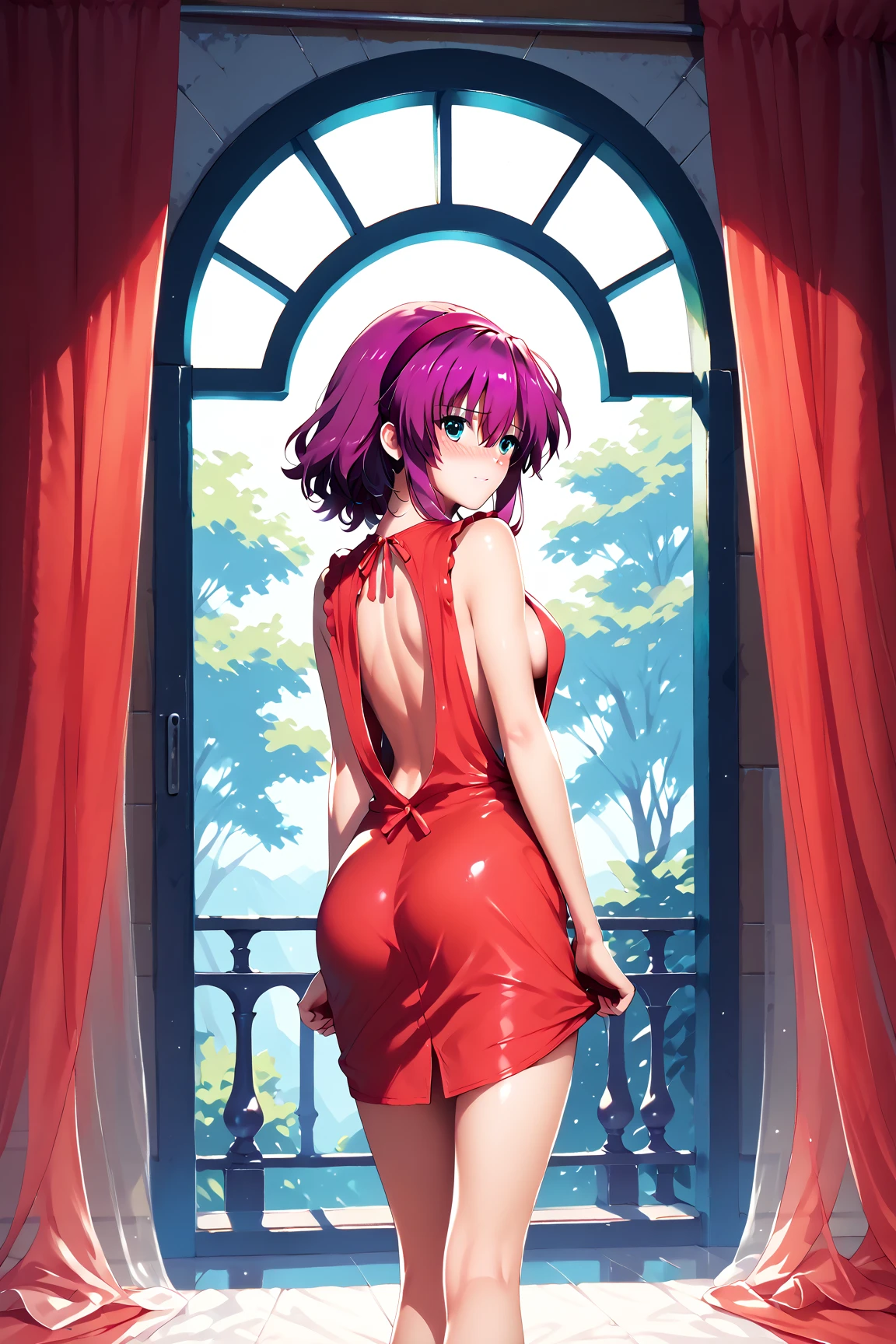 BREAK looking at viewer, BREAK outdoors, BREAK (masterpiece:1.2), best quality, high resolution, unity 8k wallpaper, (illustration:0.8), (beautiful detailed eyes:1.6), extremely detailed face, perfect lighting, extremely detailed CG, (perfect hands, perfect anatomy),makima, long hair, smile, bangs, (medium breasts:1.2), (yellow eyes:1.2),city,street,wet road,night, braid, red hair, braided ponytail, ringed eyes,japanese dress,red dress,neckline,cleavege,skinny fit,medium breasts,, necklace,showing panties,panties, upskirt,stockings,showing ass,from behind,bend over,bend down
