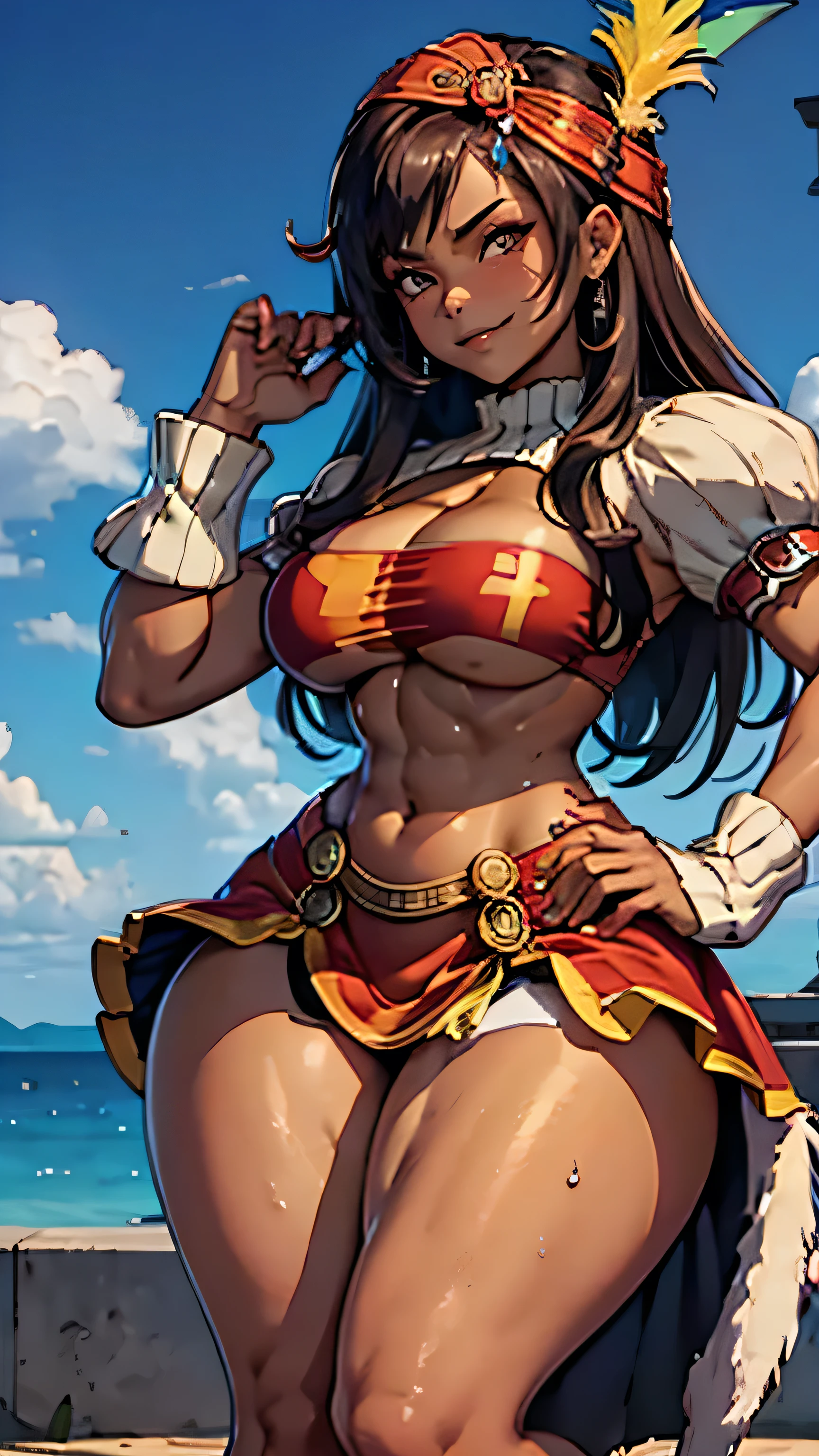 masterpiece, best quality, ff9lani, dark skin, bandana, feather hair ornament, turtleneck, cleavage, puffy sleeves, bandeau, ((red overskirt)), short shorts, gloves, large breasts, evil smirk, angry, from side, village, blue sky (thick thighs:1.6) ((wide hips)) (narrow waist:1.4) ((toned body)) ((muscular female)) shinny skin, sweaty, sweat, sweat drop, shredded abs, atheltic body, redish-brown hair, sexy, , , , golden tan skin