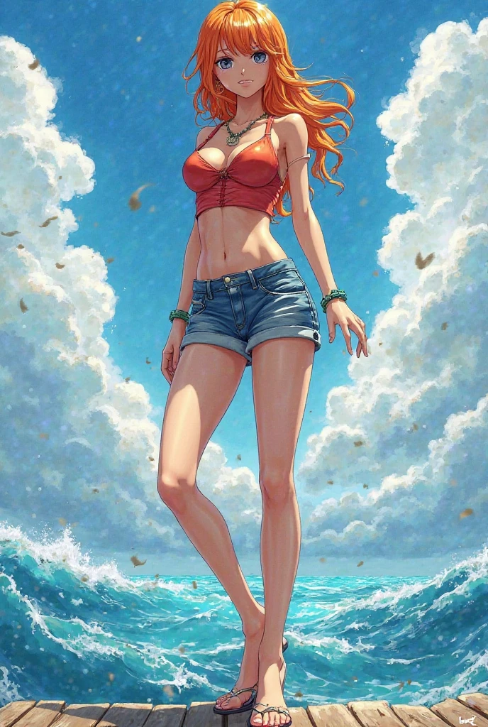 (masterpiece, best quality:1.2), (1girl, solo), (High quality:1.4), (High detailed:1.2), Sakimi-chan, a european girl with 18 years old, (strapless cropped open underboob, mini-shorts), ((small breasts)), (beach scene),