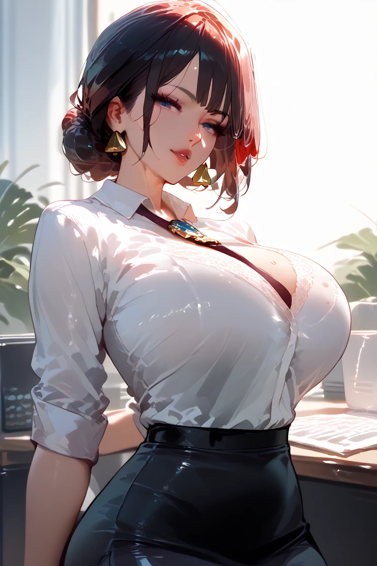 High quality ultra-realistic female images, office room woman, white wall, gray table, plant, window, Masterpiece of sexy pose))), ((highest quality)), ((Complex)), ((surreal)), stupid reply, mature woman, mature woman, perspective, very detailed, shape, 1 girl, ((big breasts)), perfect hands, finger details, fine and beautiful eyes, short hair, brown eyes, chief executive officer(chief executive officer(CEO, (business suit:1.2), open office shirt, Tight Skirt, black choker, earrings, stockings, detailed background, Bedroom, perfect eyes, enchanting eyes, looking at the viewer, from below