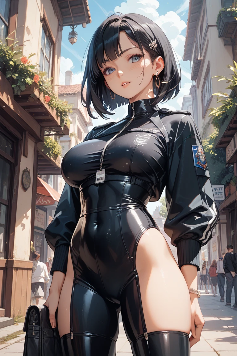 ,Saw 2, blue eyes, black hair, Low twintails and short cut, big breasts, frown,blush,((Black tight suit:1.4)), streak,smile