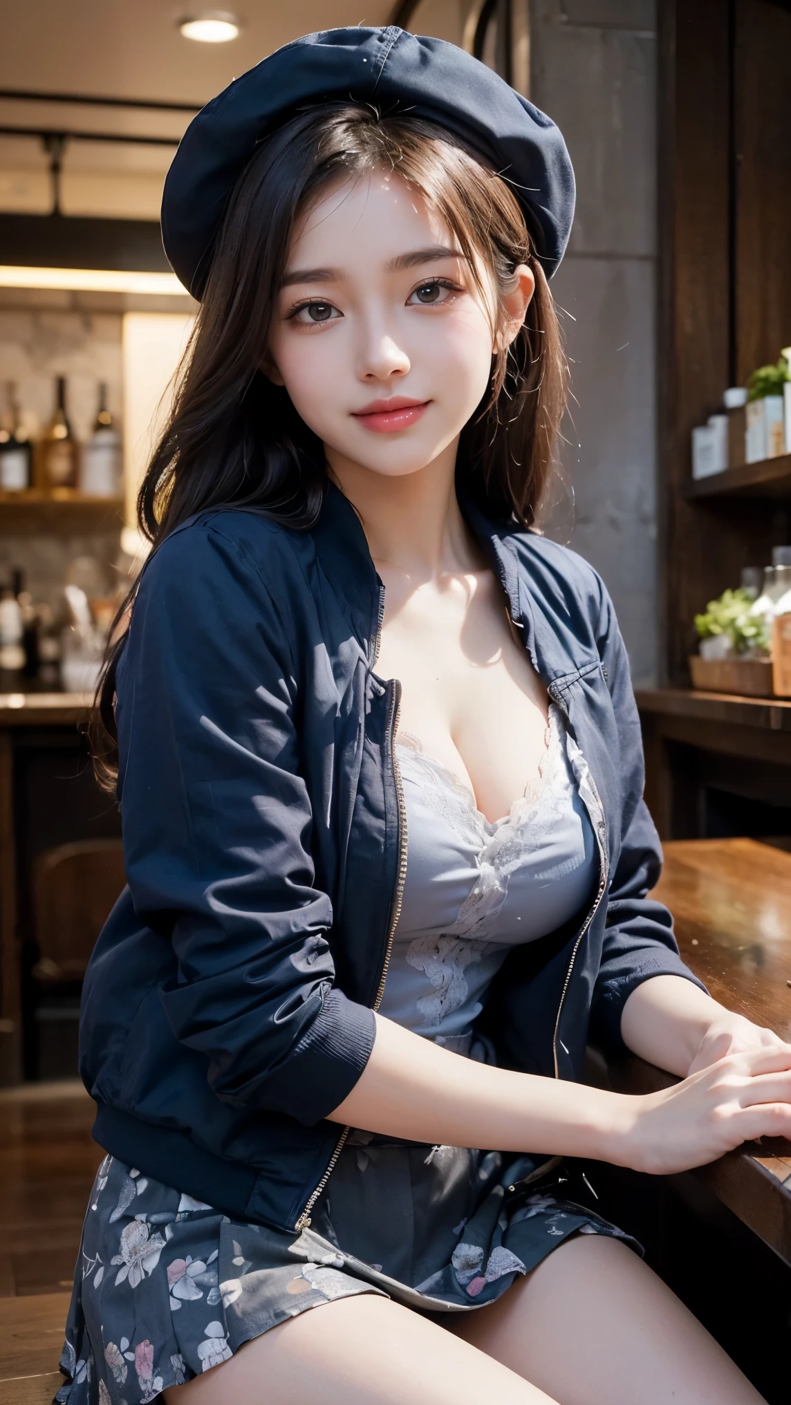 ,(tareme:1.3),,kind eyes,huge breasts,(beautiful japanese woman),pointy nose,straight hair,look at viewer,off-the -shoulder,blouse,shiny skin,cleavage,fellatio gesture,sitting on sofa at cafe,21 years old,tender smile,(no make-up:1.3)