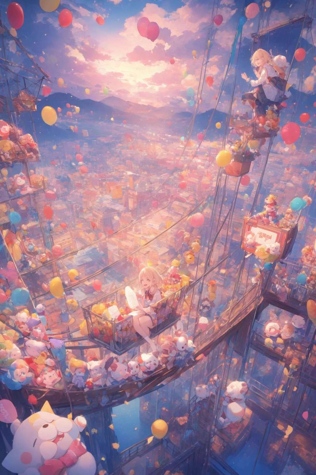 Congratulations letter on the back。girl smiling happily sitting on a suspension bridge。There are so many。I am clapping。crackers burst all over the screen。 background is color々toys that look like clowns。