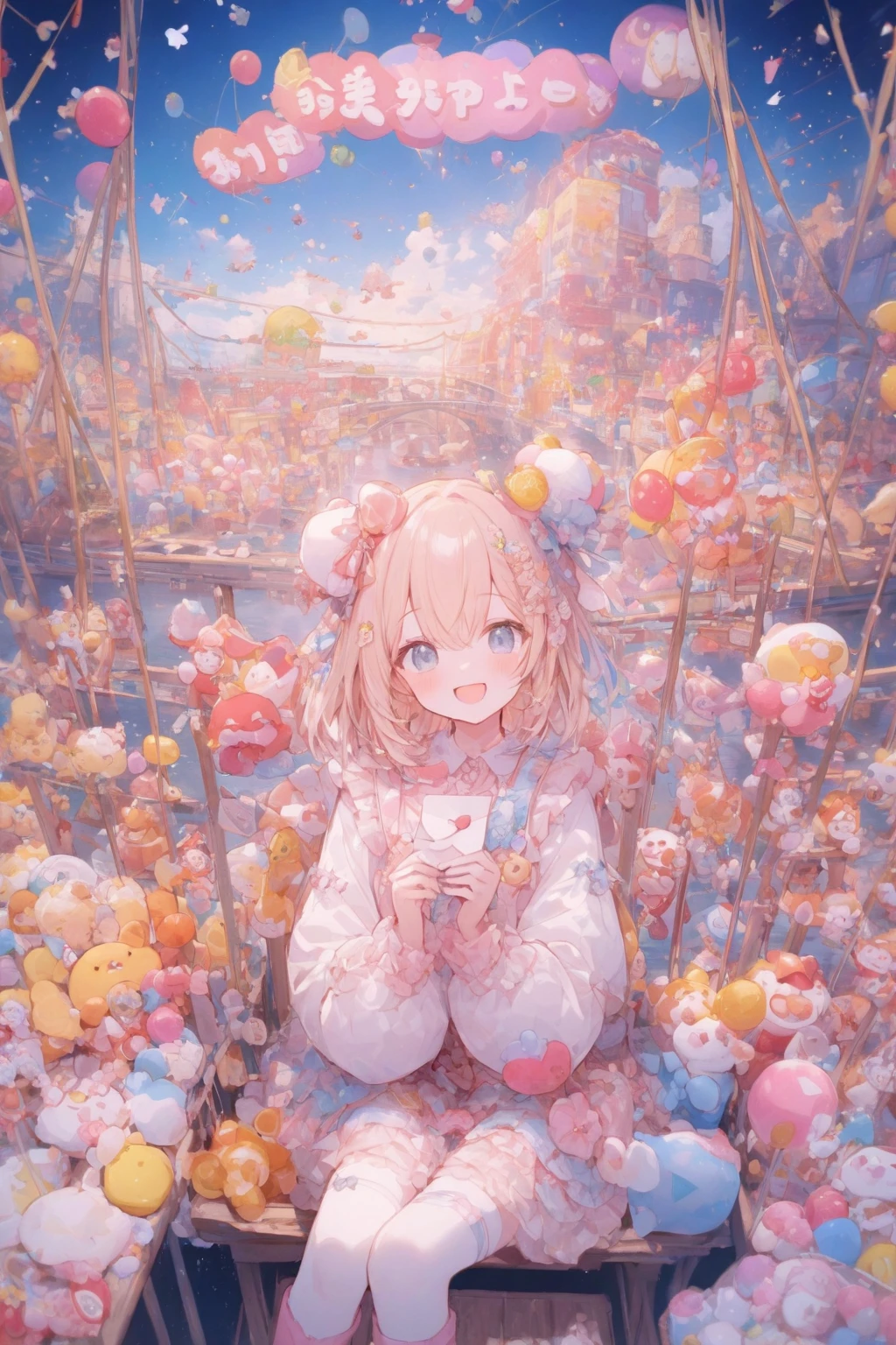 Congratulations letter on the back。girl smiling happily sitting on a suspension bridge。There are so many。I am clapping。crackers burst all over the screen。 background is color々toys that look like clowns。