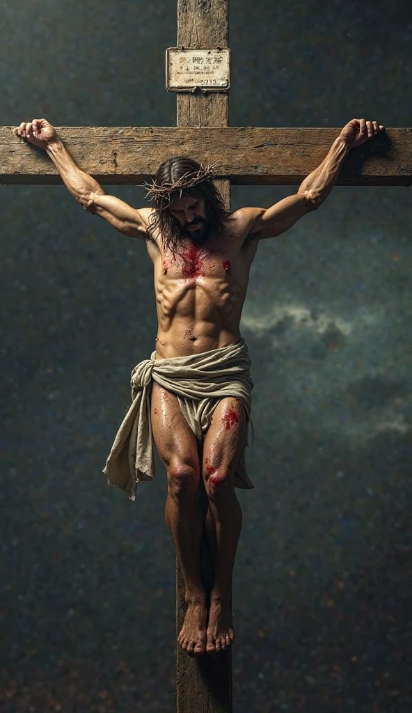 An image of Jesus on the cross with tears in his eyes