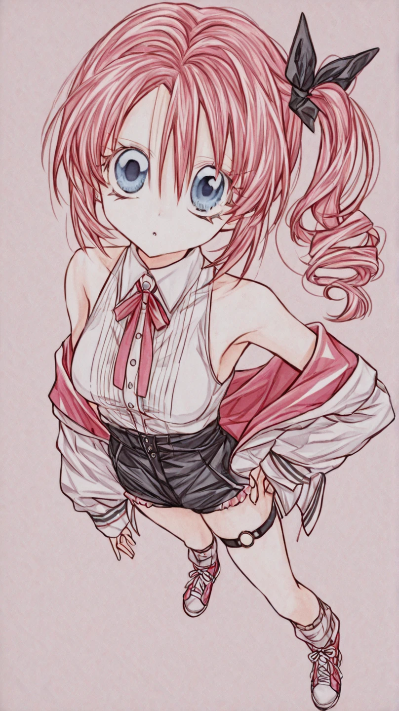 [kuramochi meruto:1.2], blue eyes, [high quality:1.2], [highly detailed:1.2], side ponytail, kuramochi meruto (1st costume), hairpin, off shoulder, [single over-kneehigh:1.2], black shorts, armpit peek, o-ring thigh strap, white sneakers, 