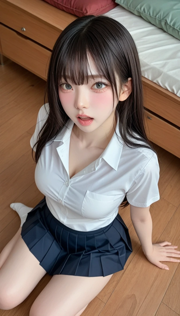 big 、((Japanese woman)) , ((  white Y shirt ))、( curvy body )、  sensual expression、(( angle from top  ))、Open your mouth lightly 、I'm staring at 、  in bed  、  looking up   、(pleated skirt on indoor floor) 、((high school uniform))、((Chest slit  ))、(view from above、 slit )