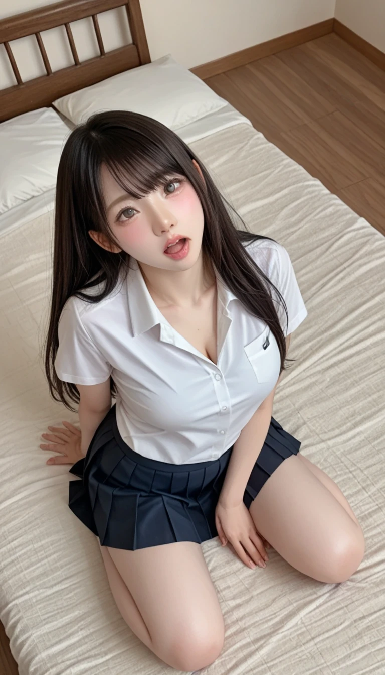 big 、((Japanese woman)) , ((  white Y shirt ))、( curvy body )、  sensual expression、(( angle from top  ))、Open your mouth lightly 、I'm staring at 、  in bed  、  looking up   、(pleated skirt on indoor floor) 、((high school uniform))、((Chest slit  ))、(view from above、 slit )