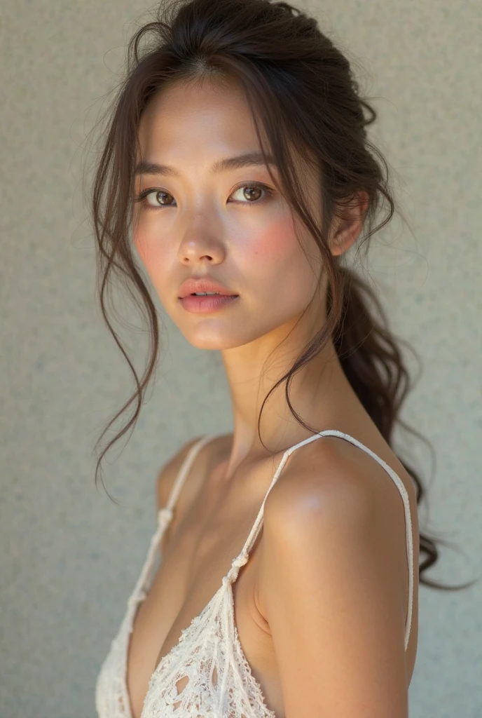 (Hyper-realistic style, masterpiece, best quality, ultra-detailed), a picture of Imogen, mid-20s, fair complexion, subtly shy appearance, mouse brown hair, natural flowing style, delicate freckles on cheeks and nose, ample bosom, medium height, tasteful attire, understated design, radiating understated elegance, hyper-realistic rendition, suitable for use with the AI platform seaart.ai, RAW image, cinematic light, soft sidelighting, ultra high resolution, highly textured skin, film grain effect, intricate details, sharp focus, insanely detailed, low contrast, matte colors,