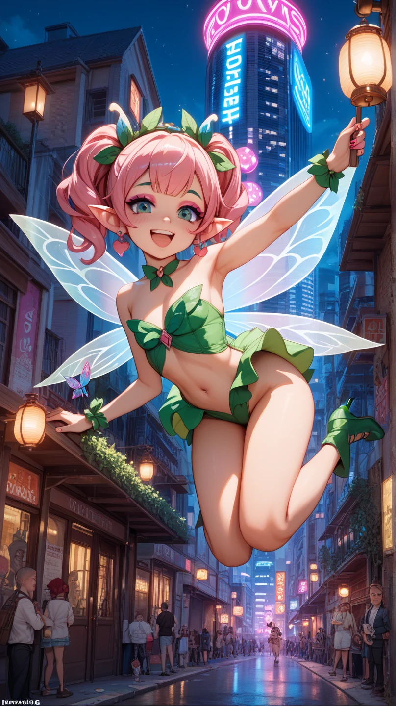 sexy girl with rainbow hair, fairy wings, flowers in her hair, using pink lingerie, with big thighs, small breasts, mouth open laughing, her hair has a ponytail, shes in a field of flowers, 8k, ultra detail