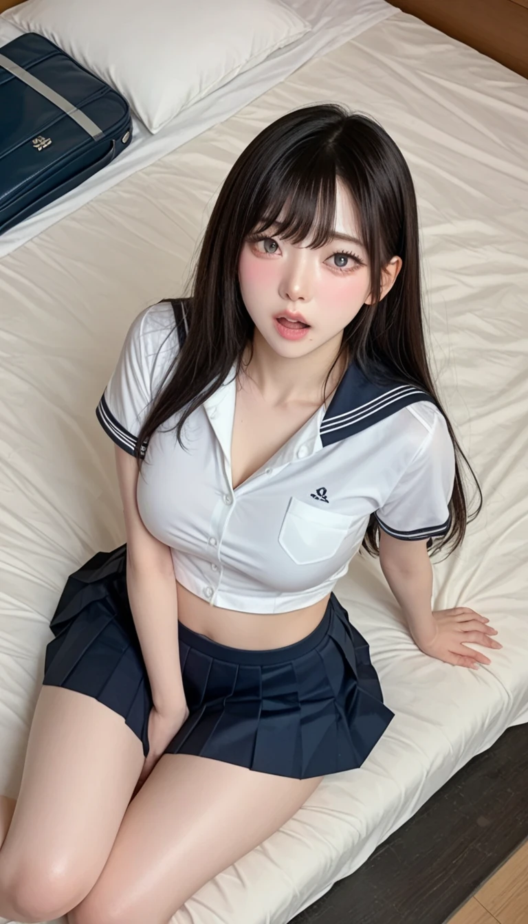 big 、((korean women)) , (( white Y shirt ))、( curvy body )、 sensual expression、(( angle from top ))、Open your mouth lightly 、I'm staring at 、 in bed 、 looking up 、(pleated skirt on indoor floor) 、((high school uniform))、((Chest slit ))、(view from above、 slit )