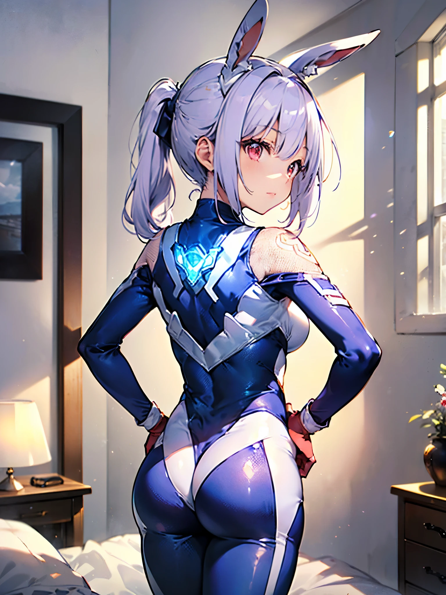 Realistic,highest quality, Ultra Detail, High-quality CG rendering, The most delicate and beautiful, Floating softly, High resolution, (1 girl), (Highest quality,4K,8K,masterpiece:1.2) ,Light purple hair,Rabbit,Bunny ears,ponytail,Red eyes,(Ultra Girl:1.0),(blue ultraman bodysuit:1.4),Blue gloves,Blue shoes, (Turn your back to your audience:1.3),Ass,(背中にウサギのAss尾:1.5)