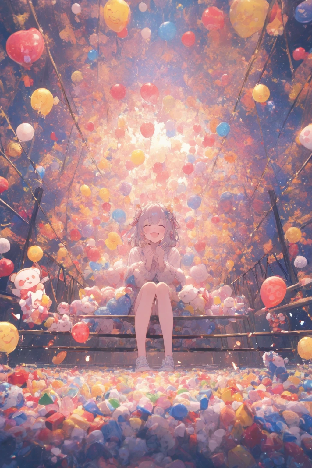 Congratulations letter on the back。girl smiling happily sitting on a suspension bridge。There are so many。I am clapping。crackers burst all over the screen。 background is color々toys that look like clowns。