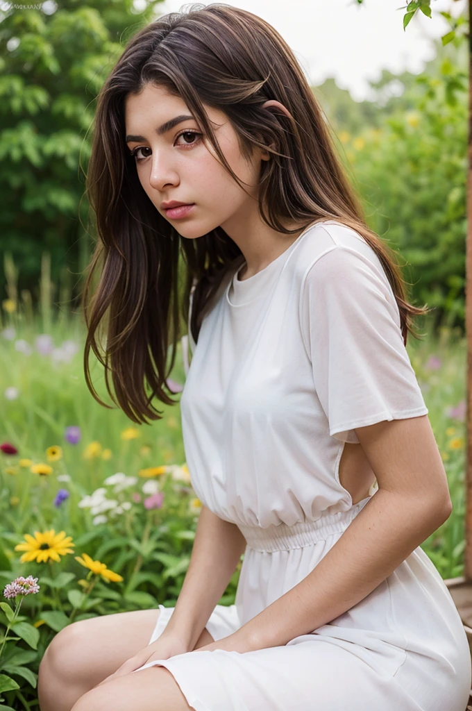 em um jardim uma princesa deitada lendo seu livro, vestindo um vestido florido e seus cabelos vermelhos feito um coque com alguns fios soltos usando sua coroa de rubi