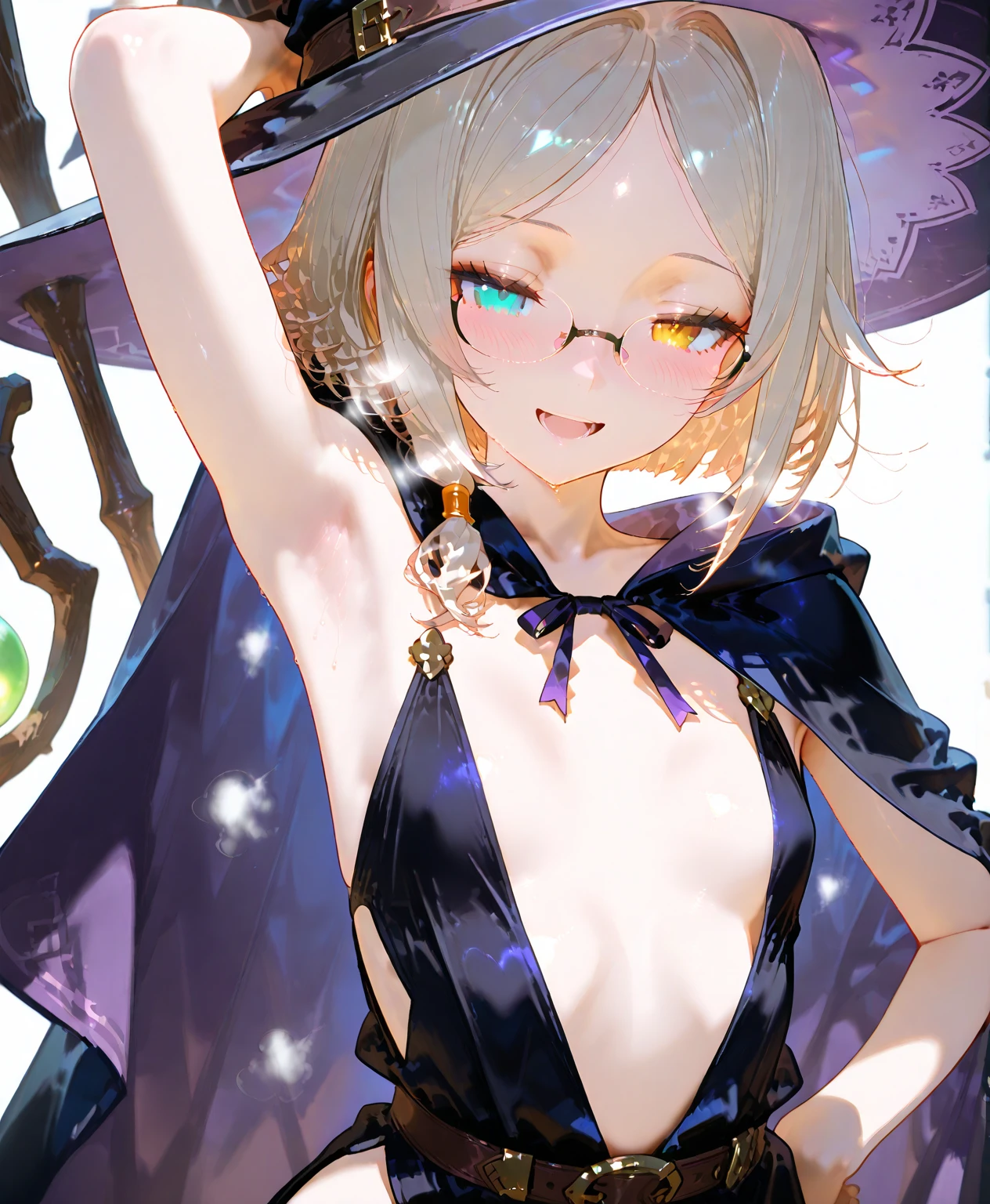 ((🧙‍♀️)), (black hat),{{{{Masterpiece}}}}, {{{Very detailed}}}, {{{High resolution}}}, {{Excellent anatomy}}, (((Top quality))), ((( very delicate and beautiful)), {{very detailed and delicate}}, {{illustration}},Happy magic, magic effects, magic circles, gradations,glowify,1girl, jewelry, 8k, beautiful, darkness, shining brightly, scare, flower,OuterWorldAI,chest,short hair,curly hair, narrow eyes,gold hair, green eyes,  skin,beautiful breast, glasses

