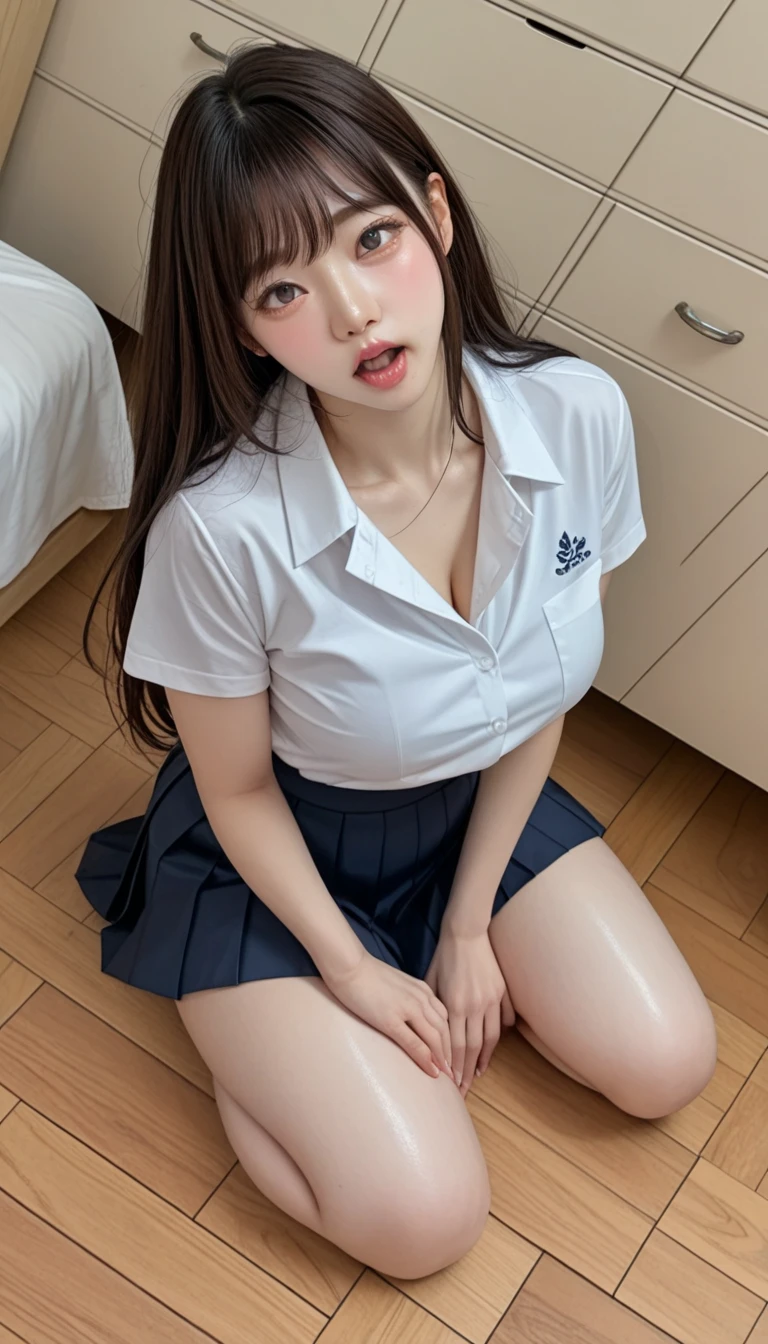big 、((korean women)) , (( white Y shirt ))、( curvy body )、 sensual expression、(( angle from top ))、Open your mouth lightly 、I'm staring at 、 in bed 、 looking up 、(pleated skirt on indoor floor) 、((high school uniform))、((Chest slit ))、(view from above、 slit )