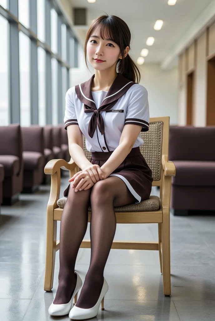 (8k images, high quality, high quality, Front view, forward light), President's office, alone, beautiful girl, Stand before me, look at me, japanese girl, bow tie, white sleeveless, white high leg swimsuit, Dark blue long socks, brainwashed by me, waiting for my instructions