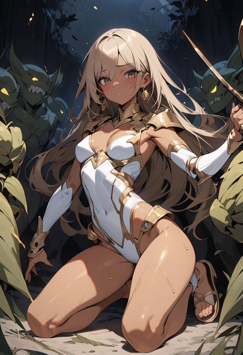 1 girl,long blonde hair,blonde bikini armor,open mouth,large breasts,crying,Exhausted,Tired,sitting,arms up,bound arms,knees up,Devastated land,dead tree,bright overcast sky,