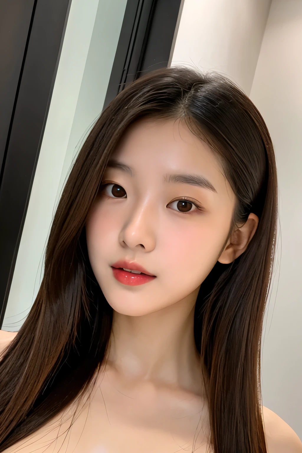 Woman wearing pink lipstick posing for photo, Urzans, small岛彩美 浮雕效果, Sun Yunzhu, Samu rice paste, Leroy 5213, tumbler, 1 8 me, Yoshitomo Nara, Park Jimin, Samu rice paste hdri, korean girl, (8k, best quality, masterpiece:1.2), (actual, lifelike:1.37), super detailed, 1 girl,charming, alone,beautiful detailed sky,obsolete,(nose blushing),(Smile:1.15),(close your mouth) small,beautiful and delicate eyes, (long hair:1.2),Flowing hair novaFrogStyle, Upper body, Vest