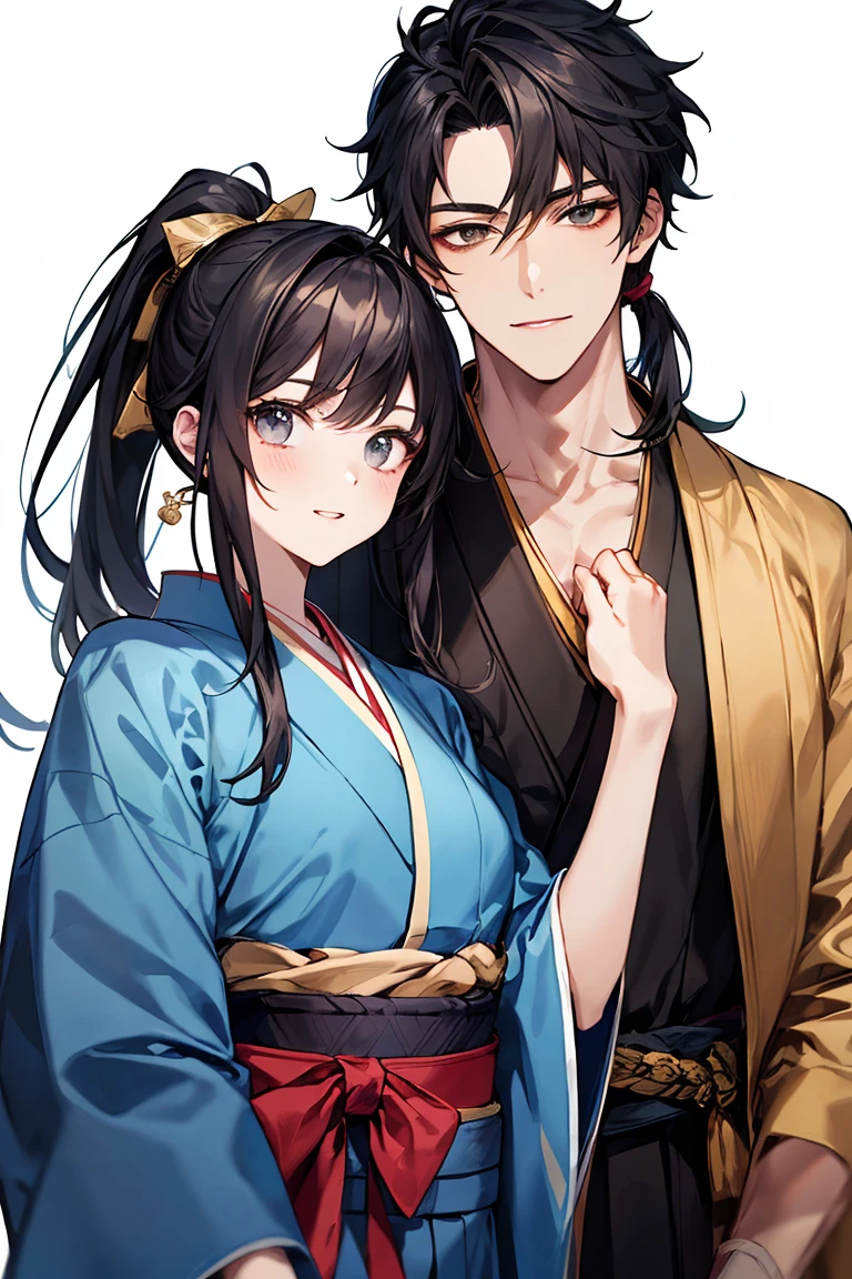 anime characters in traditional clothing standing next to each other, full body wuxia, wuxia, handsome guy in demon slayer art, japanese romantacism, boy girl traditional romance, manhwa, flowing hair and long robes, inspired by Nishikawa Sukenobu, from sengoku period, clothed in old samurai uniform, sengoku - era art style, garota bonita, peitos grandes, garota sensual, garota sexy, garota com roupa transparente, roupa sensual,