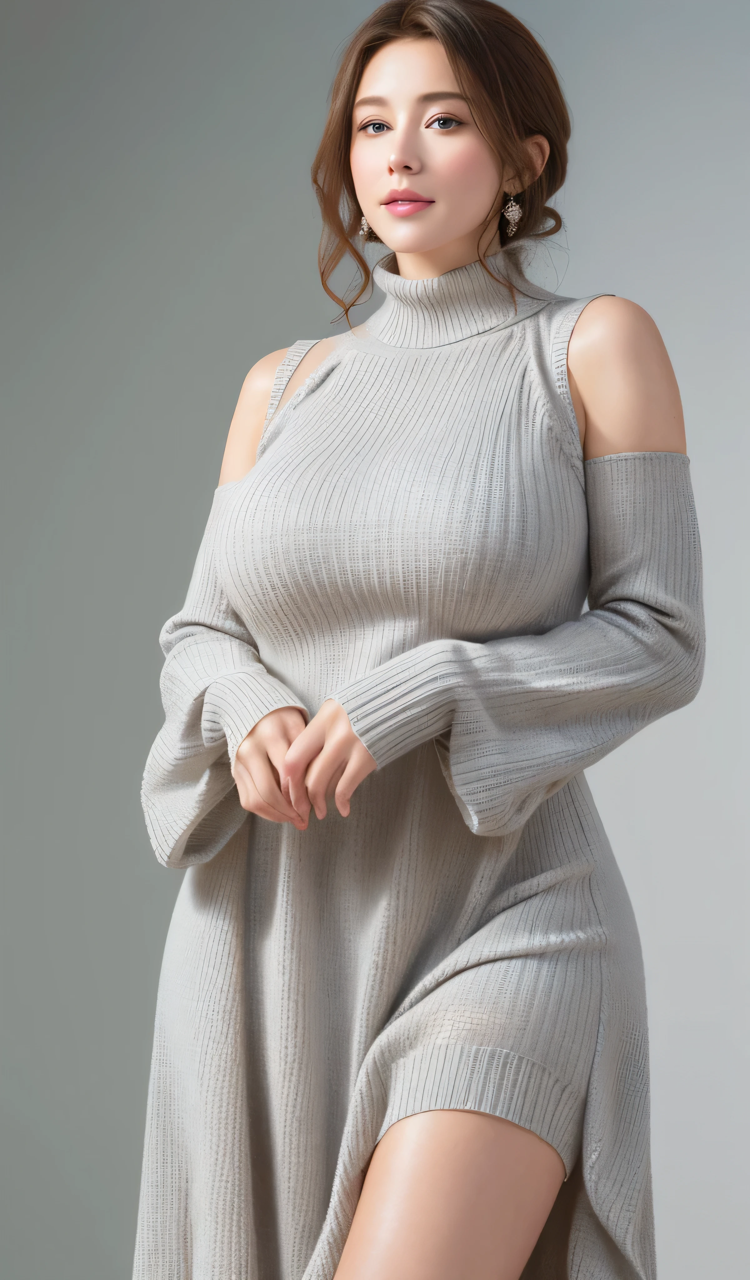 One Mature Russia Women, 25 Years Old, Large Framed and Big-boned Mature Wife, Mature Wife, Wearing Long Knitted Tight Trench Sweaters with Collar, Plump Figure, Muscular Body, Large and big front top body portrait, Walking, Knitted Trench Grey-White Wool Long Sweaters, Beautiful Simple Tight Knitted Trench Dress, (Full covered dress: 1.5), (((Upon body from head to hips)), ((Masterpiece)), ((Highest quality)), ((Super realistic)), ((Ultra-detailed)), ((Illustration)), ((Detail intricated))), Hyper-realistic, Ultra-realistic, Highest resolution, 8K Wallpaper, Professional light, Sweet Fascinating Smile, Perspective, Seductive and Attractive Appearance, Blonde Dark Tied Hair, Hair Tied Back, Perfect Hair Details, Sexy Realistic Front Face, Perfect Face details, Jewelry Blue Eyes, Beautiful and Detailed Eyes, Perfect Captivating Eyes, Perfect Noses & Ears, Perfect Mouth & Lips, Best Facial Balance, Perfect Detailed Fair Skin, Glowing Skin, Natural Breasts, Perfect Breasts Balance, Wide Shoulders and Arms, Perfect Balance Shoulders, Big Plump Waists, Big Plump Hips, Perfect Waists, Best image quality, Fine-grained image quality, Extreme details, Professional balanced large body, Grey Wall Background, Super Realistic Hands & Fingers Details,