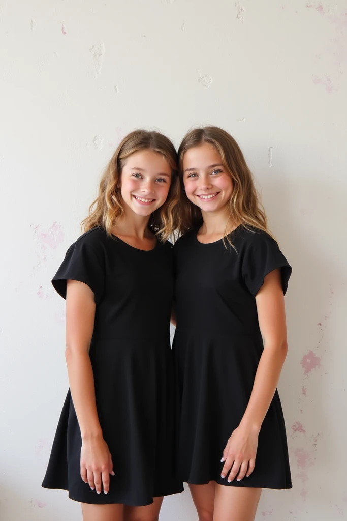 two girls, one 8 years old and the other 7 years old, hugging in a park, baby face, she are happy, one wears a dress and the other is wearing leggings with a shirt, long hair and another with short hair, 8K, maximum perfection possible, similarity with reality, natural photo, whole body,