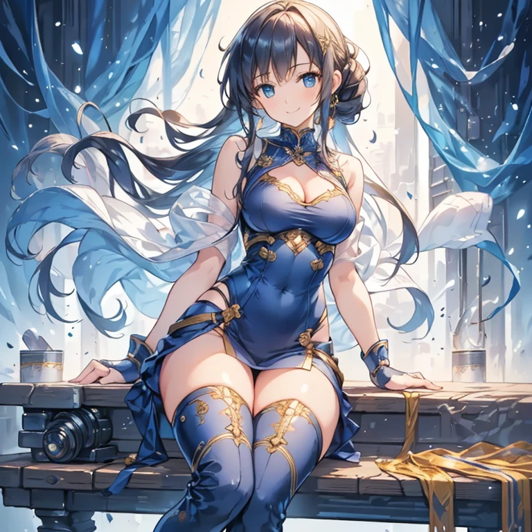 absurd res, high res, (masterpiece:1.4), ultra-detailed, 2girl, from above, space, floating, Chinese dress, blue dress, stockings, black hair, golden eyes, cleavage, focus on cleavage, kneeling, full body