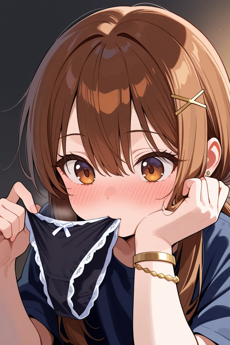(masterpiece, best quality:1.3), 1girl, :<, small breasts, (covered nipples:0.8), indoors, (Sandy Brown color hair, long layered hair:1.32), black eyes, shouting, fang, random clothes