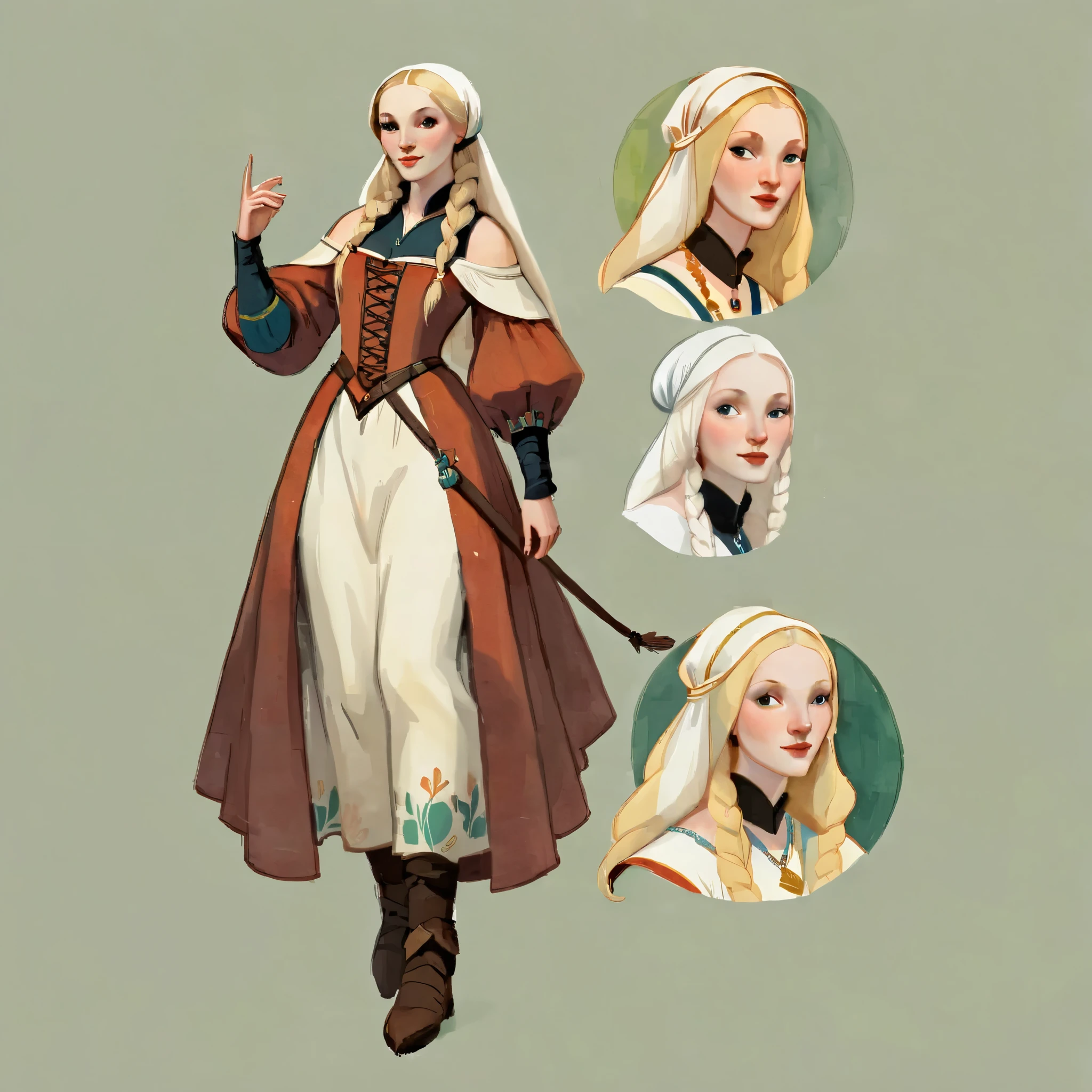 score_9, score_8_up, score_7_up, score_6_up, score_5_up, score_4_up, 1_woman, 6 different pannels, pale skin, long_hair, wearing a vibrant long peasant medieval dress, detailed clothing, sketches, detailed thick gouache painting, illustration, in gougoupaintleaves style:1.5, hyper_dynamic scene, pov from above, sattan style, XLCOMIC_POS, novuschroma04, in goat perspective, from below
