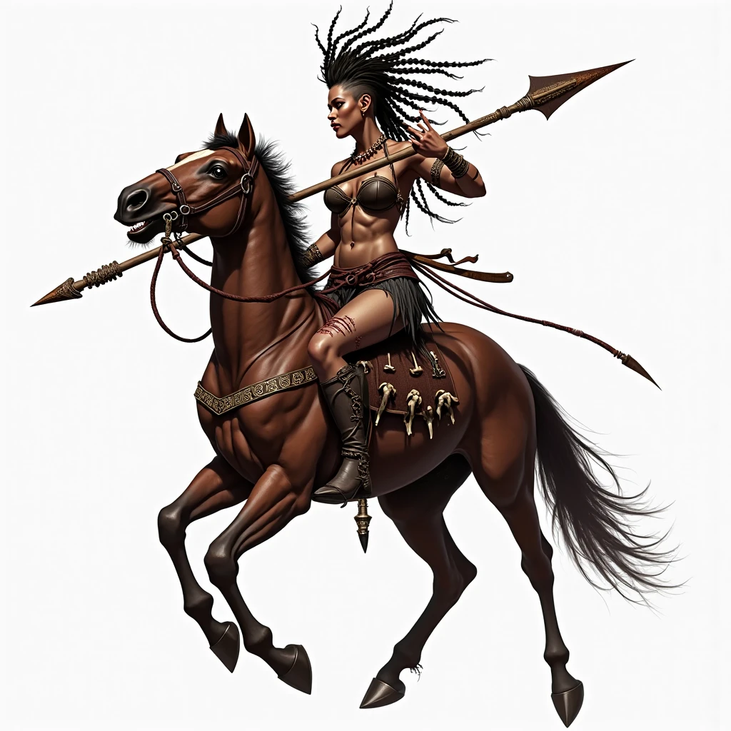 centaur, half human, half horse, bay horse, black tail, female, breasts, armor, digital painting, hybrid, battle, <lora:Horsesv2:1>