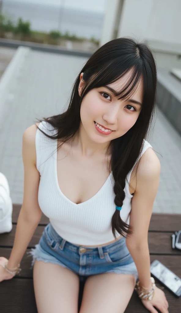 adorable, 1 girl, 10 years old, baby face, smile shy, scrunchie hair, full body portrait. Perfect body, voluptuous.. (face details: 1), (eye details: 1). wearing tanktop cardigan, mini skirt. (((Round large breasts))), cleavage... Rain, wet, closthes wet. proportional body. Realistic skin. Realistic tone color. Ultra High Res.photorealistic:.1.4, UHD