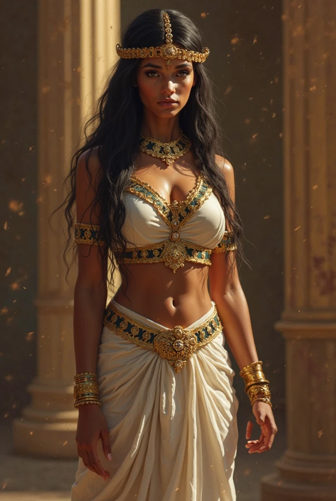 Portrait, a beautiful indian queen, classic, ultra detailed body, ultra detailed face, long pony hair, walking on a desert city street, white saree, desert city buildings, medieval times, perfect anatomy, sexy, charming, majestic, tattooed hands, ultra quality, body parts, ambient lighting, ultra detailed 17th century desert city background, dark cloudy sky, volumetric fog, dust storm, 8k