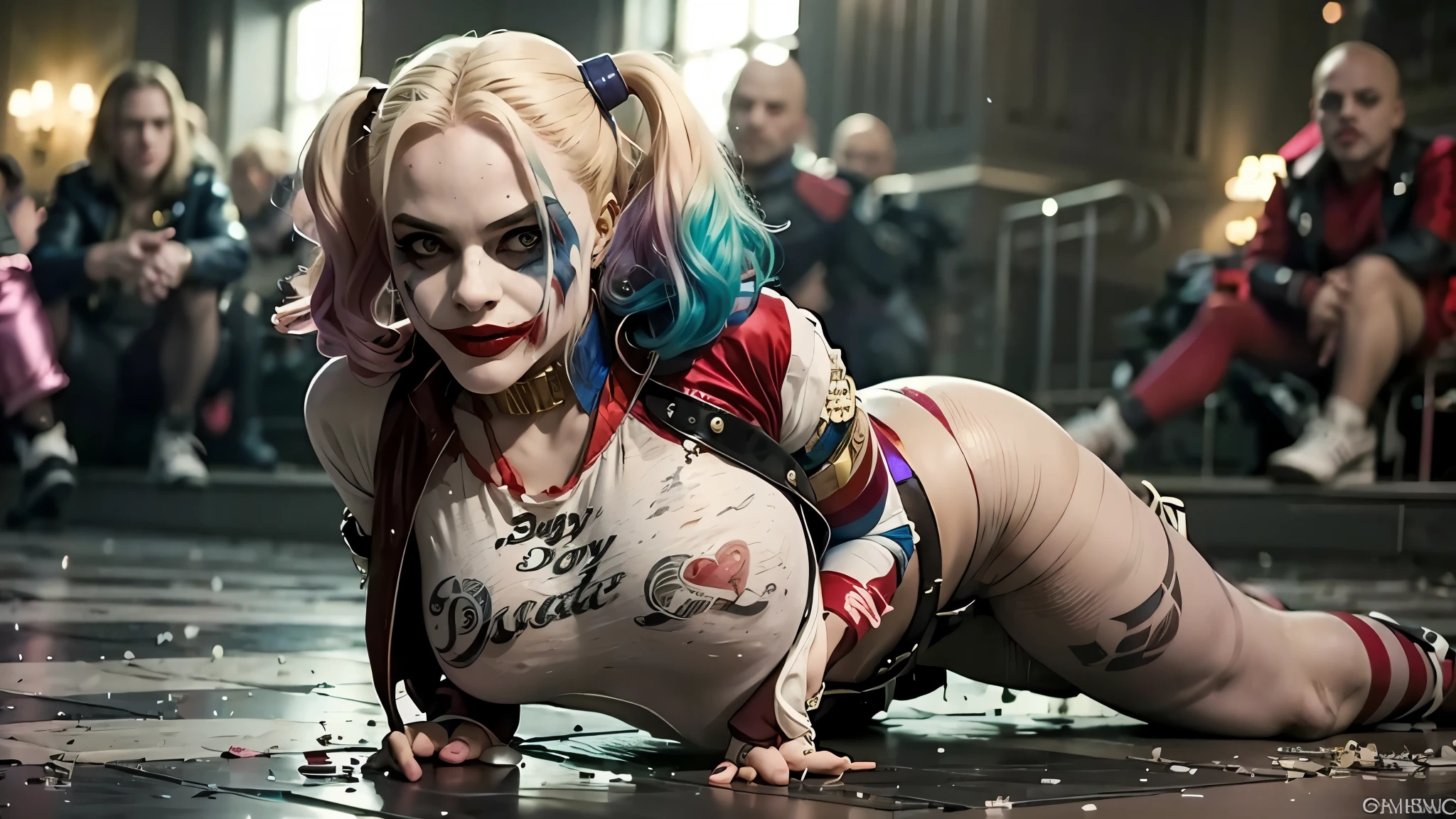 Harley Quinn open thighs,margot robbie squatting,m legs,arms behind head,(masterpiece:1.2), best quality, high resolution, unity 8k wallpaper,extremely detailed face, perfect lighting, extremely , (perfect hands, perfect anatomy),
