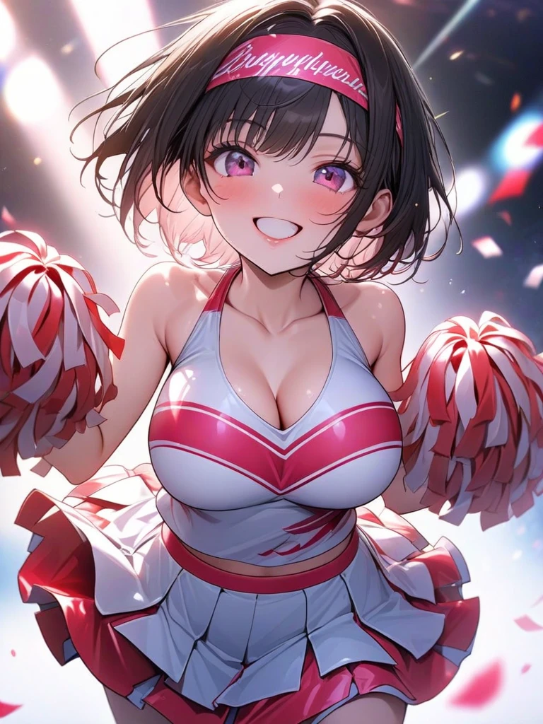 (masterpiece:1.3), (8k、highest quality:1.4), (Best image quality, Intricate details, High resolution, Depth Field, Natural light, Professional Lighting), (1 girl), (alone), (Asian Girl, Very beautiful 18 year old manga girl), (Very beautiful woman、Attractive beautiful woman, 美しい銀髪のBobcut, 強い青いeye, 強いeyeのハイライト, Very large breasts, Perfect Anatomy, Dynamic Lighting, Lip gloss), A beautiful face with perfect symmetry, Beautiful detailed woman, Very beautiful detailed face, とても美しい詳細なeye, Smile at the audience, Smiling very happily, Beautiful Teeth, Beautiful Teeth alignment, Very detailed, Very detailed, Beautiful Teeth, Beautiful Teeth alignment, Very detailed, Very detailed, ((Detailed cheerleader:1.2)), The light shines on your face, ((Dynamic pose)), Bobcut, Crossed bangs, Asymmetrical bangs, Long neck, Show me your ears, disappear'eye, eyelash, cute, Very large breasts、Very beautiful and big, Very beautiful breast shape, Beautiful cleavage, Tall Supermodels, Long-legged supermodel, Supermodels dressed as cheerleaders, Strike a Pose, Dressed as a cheerleader, Woman close up, To the camera, Laughter, (Cheerleader Costume), ((head band, Sleeveless shirt with open chest, flare skirt, mini skirt)), A young and slender gravure idol, Young Gravure Idol, Young Gravure Idol, Stadium background in the daytime