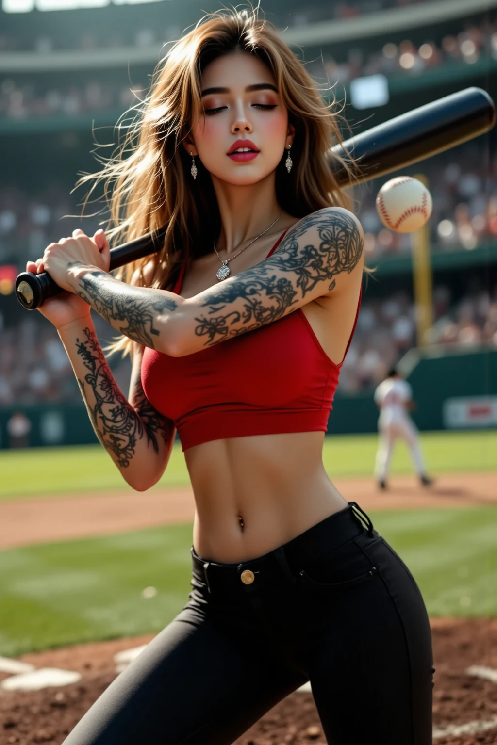 (role conception), (Half-length close-up), (Beautiful Chinese girl holding a big baseball bat in bare feet: 1.3), (Wearing big sunglasses and thick ponytail hairstyle: 1.2), Harmonious combination of classic and modern, Dark blue sweater and jeans, Red scarf jacket, modern fashion outfit, Elegance, Girl fair and flawless smooth skin, high nose bridge, Head up posture, sad yet beautiful, slender figure, Exquisite facial features,
swirling fog illustration, ink painting, black hair, a ball head, Proud, Surrealism, contemporary art photography, action painting illustration, abstract expressionism, Pixar, depth of field, motion blur, backlight, radiation, decline, Head up angle, Sony FE General Manager, ultra high definition, masterpiece, accurate, textured skin, Super details, high detail, high quality, Award-winning, best quality, Level, 16k, Photographed from a bottom-up perspective, interesting,