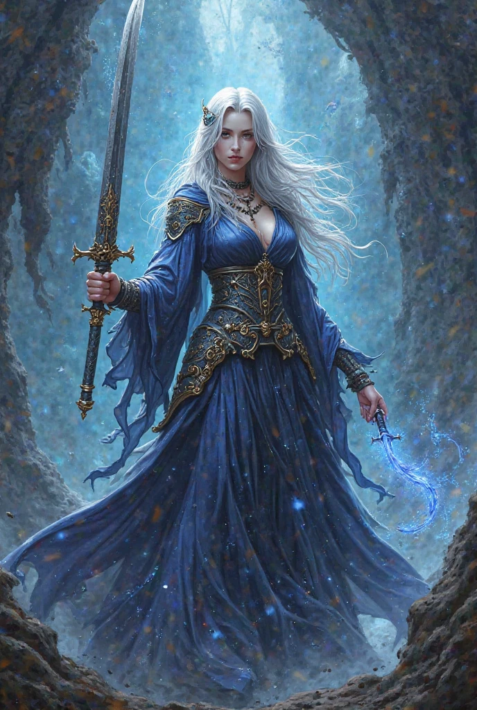 Wearing a blue dress and holding a sword、Woman standing in front of a cave, Enchanting Elven Princess Knight, Blue Elf, Elven Warriorの王女, Detailed fantasy art, Digital fantasy art ), Elven Warrior, fantasy character art, High quality fantasy art, Fantasy Woman, Elf Girl, Fantasy Art, epic Fantasy art style hd, Fantasy art style