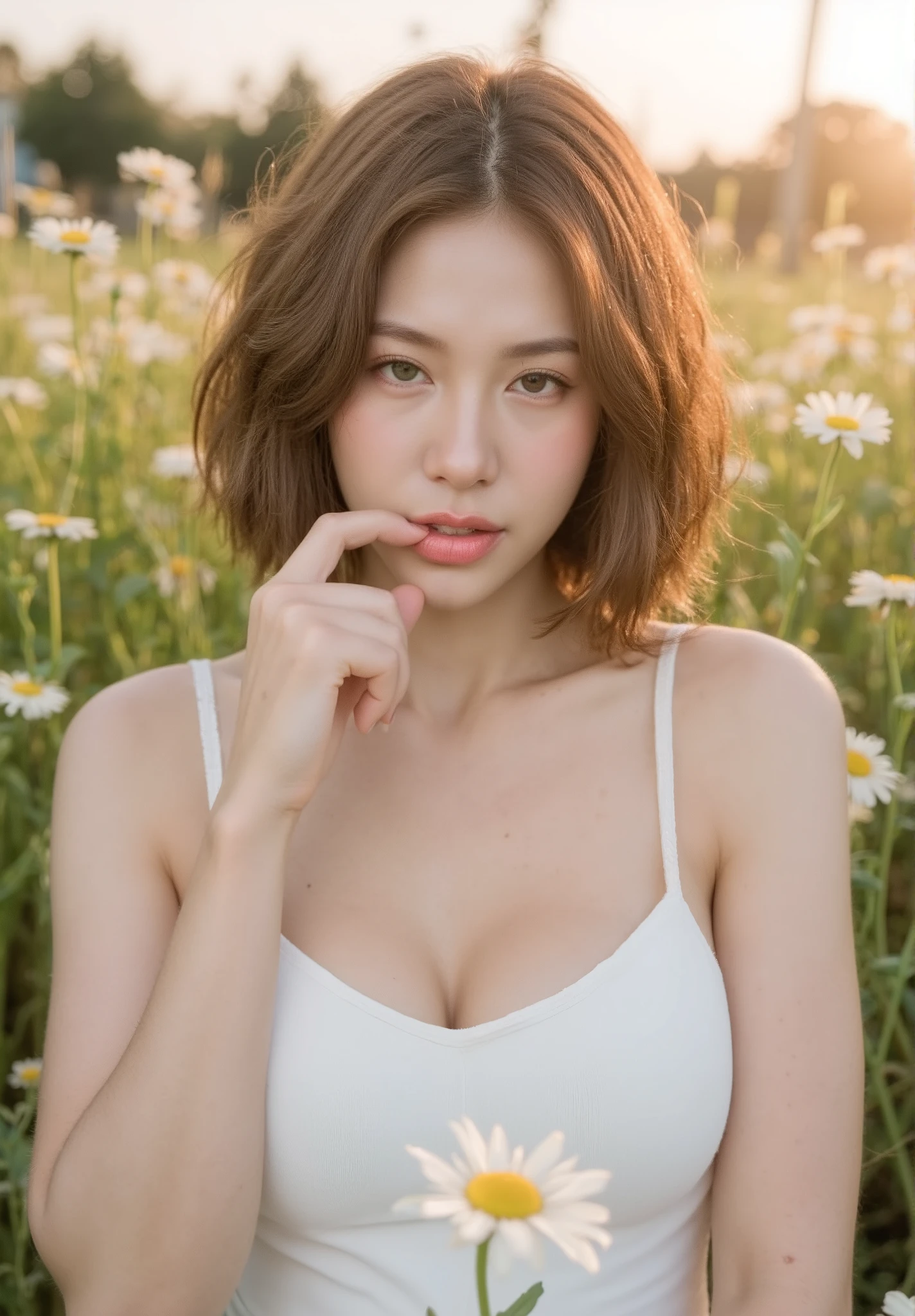 Photorealistic, high quality, ultra detailed, ultra high definition, 8K, korean woman, very beautiful, beautiful eyes, mature, white skin, busty breasts, plump lips, model, messy hairstyles , pony tail, busty breasts, bare shoulders , wearing white gown dress, model pose, in the field full of flower, dusk, basking in the dusk light, beautiful legs, full makeup , eyeliner, eyeshadow , necklace, earrings , biting fingers, biting own fingers, sensual pose