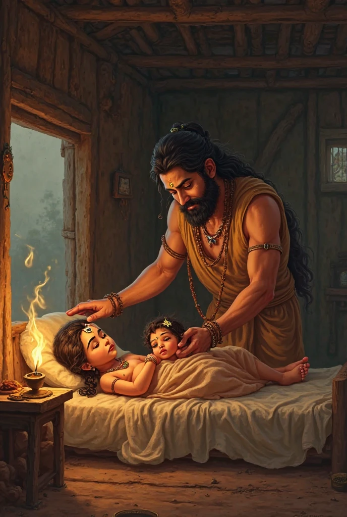 The small, peaceful village of Gokul, with traditional huts. Vasudeva quietly enters Nanda's house. Yashoda is asleep with a baby girl by her side. Vasudeva gently swaps the babies and places Krishna beside Yashoda. The scene is serene and filled with divine light, symbolizing the significance of this event. In Cinematic 3d style cartoon image