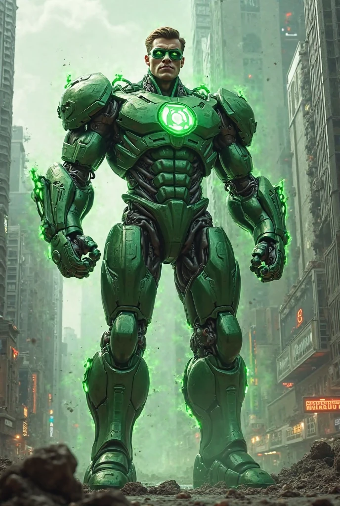 Create a hybrid image of green latern and its car and make it a transformer and with city background and standing like a human body