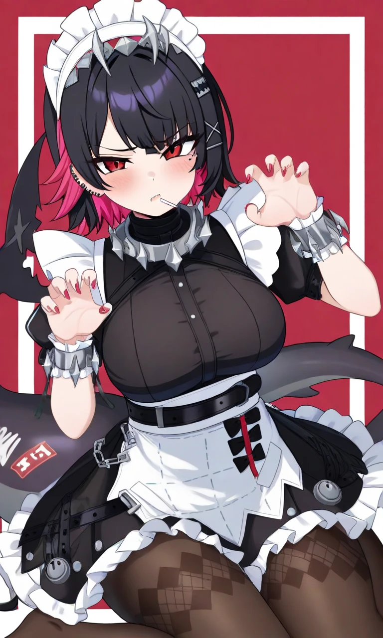 (masterpiece,Highest Resolution,4K High Resolution,Crisp image quality)(Service maid costume,Shark Tail,Red eyes),(A man inserts his thick penis deep into her vagina,Intense thrusting cowgirl sex with a man:1.2)Grab your chest,My chest is spilling out,(Condescending look)squat,Close-up shot,realistic,独奏,1girl(big breast)(masterpiece, best quality:1.2),Ellen Jo,Zenless Zone Zero,alternate costume ,maid, shark tail, (shark girl:0.5), short hair,black hair,red eyes, tail, pantyhose,multicolored hair, black footwear, short sleeves, apron, wrist cuffs, maidheaddress, stockings, nyantchaellen joe, black hair, red hair,colored inner hair, multicolored hair, (red eyes:1.3), red hair, short hair, two-tone hair,apron, black pantyhose, black shirt, ear piercing,