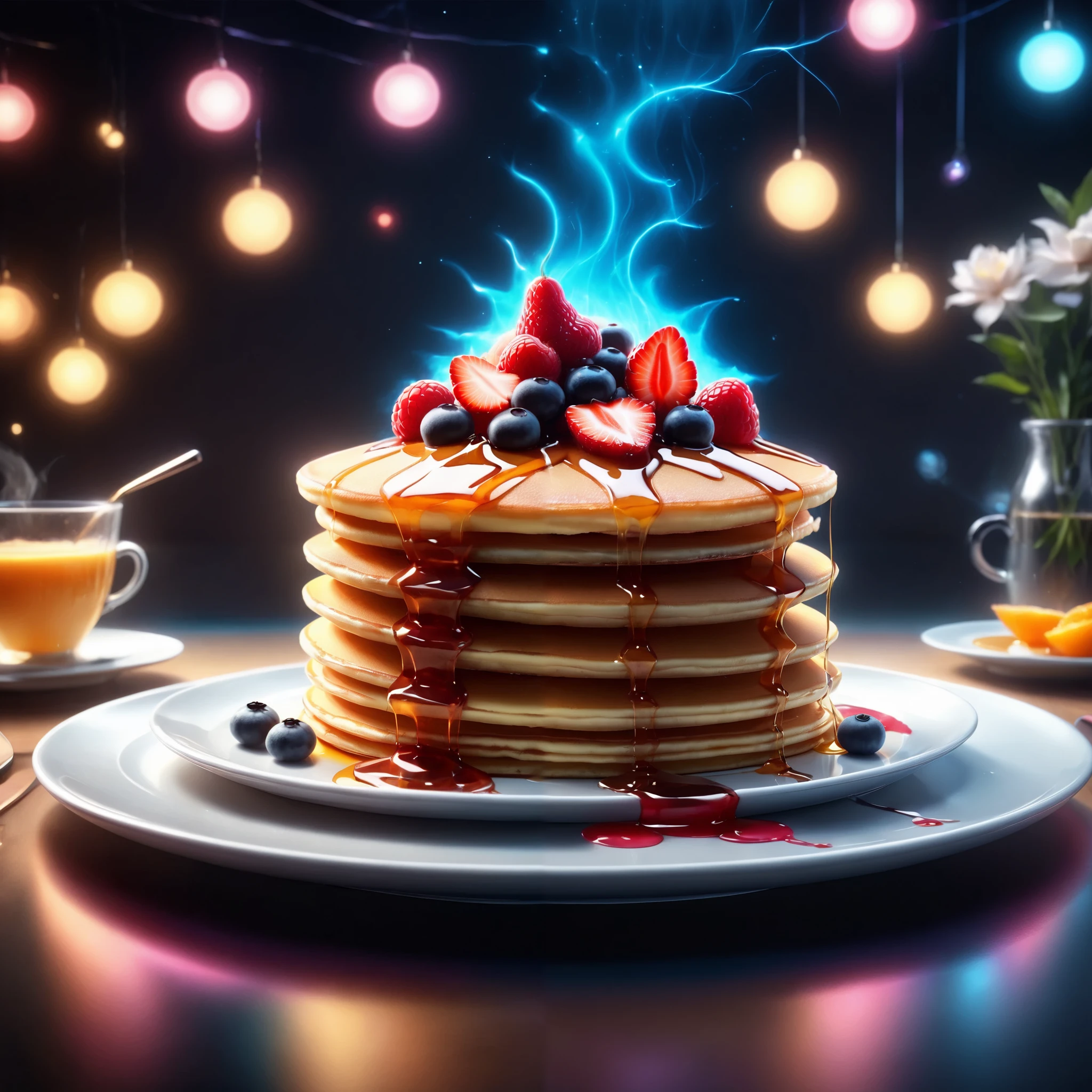 Bright Neon Style Pancakes,super real,Shining Characters,Shocking Effects,Scenes Where You Can Feel the Vibrations of Deliciousness 4K,best image quality,photorealistic,physics-based drawing,Extreme Delicate Texture,professional to be filmed at,vibrant colors,Bokeh,HDR,Studio Lighting