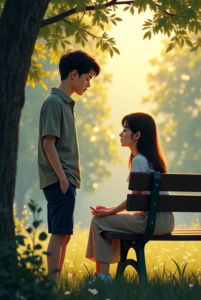 A young man is sitting on the grass under a tree, his head resting on his knees and his expression melancholic. In his imagination, a soft, glowing image of a young, beautiful girl appears in front of him, bending down to hug him gently. Her arms are around his back, and she has a tender smile, as if she is comforting him in his time of need. The park is serene, with soft rays of sunlight filtering through the tree leaves. The imagined scene of the girl hugging him is slightly blurred and dreaml