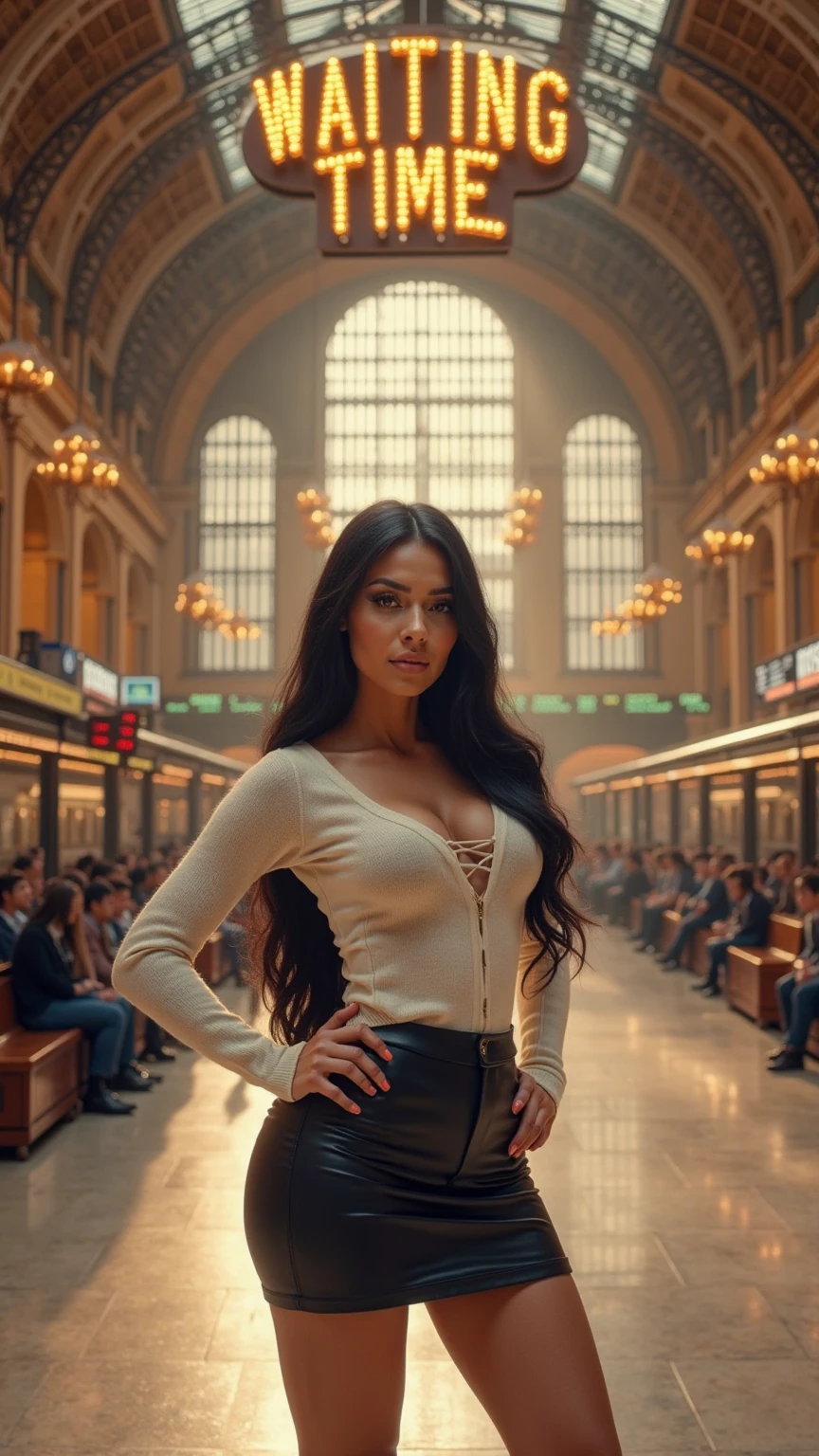 (realistic), (best quality),(8K),Ultra detailed ,HD beautiful brunette Arab woman of 21 years old with matte skin dressed in dress, beautiful straight nose, beautiful face, at the airport