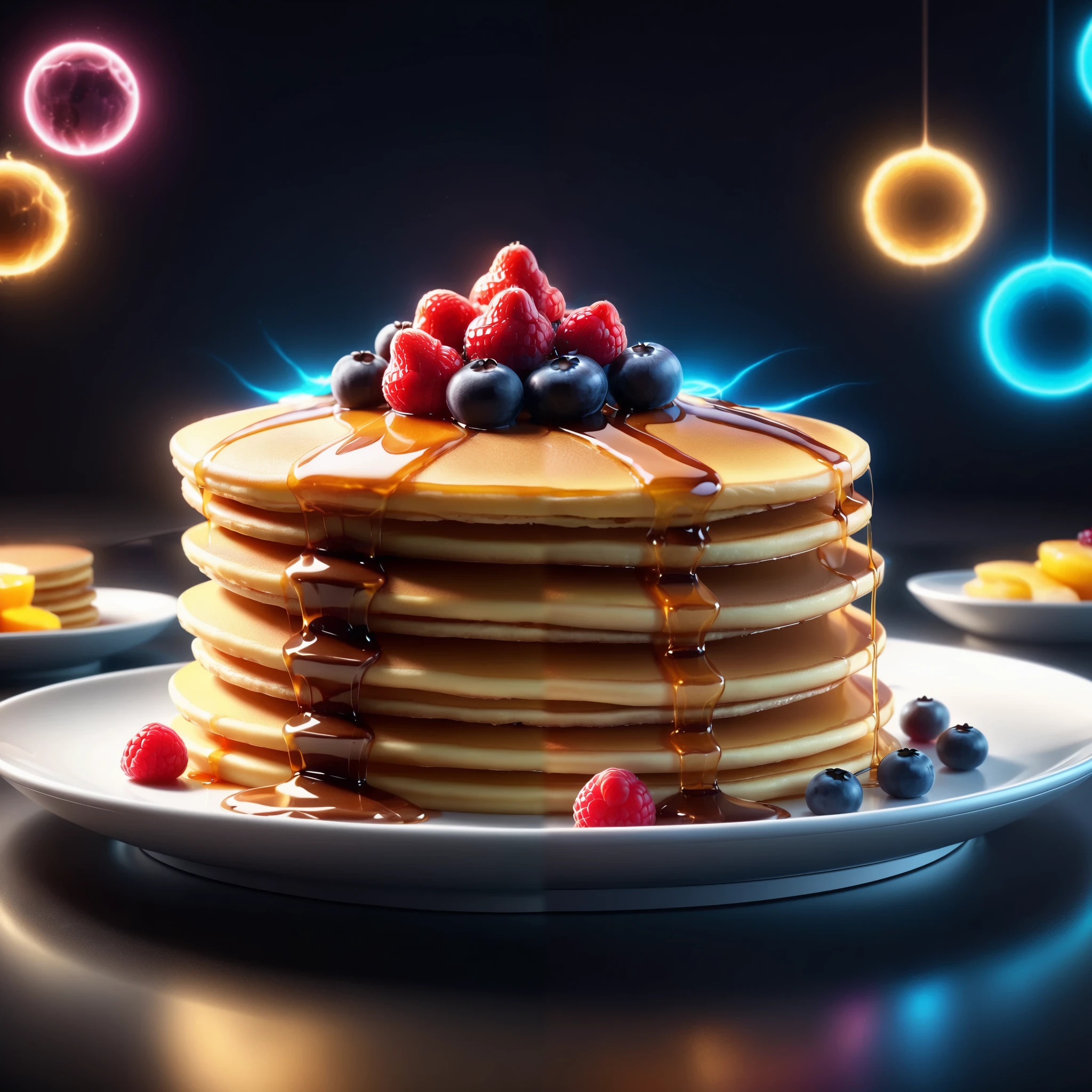 Bright Neon Style Pancakes,super real,Shining Characters,Shocking Effects,Scenes Where You Can Feel the Vibrations of Deliciousness 4K,best image quality,photorealistic,physics-based drawing,Extreme Delicate Texture,professional to be filmed at,vibrant colors,Bokeh,HDR,Studio Lighting