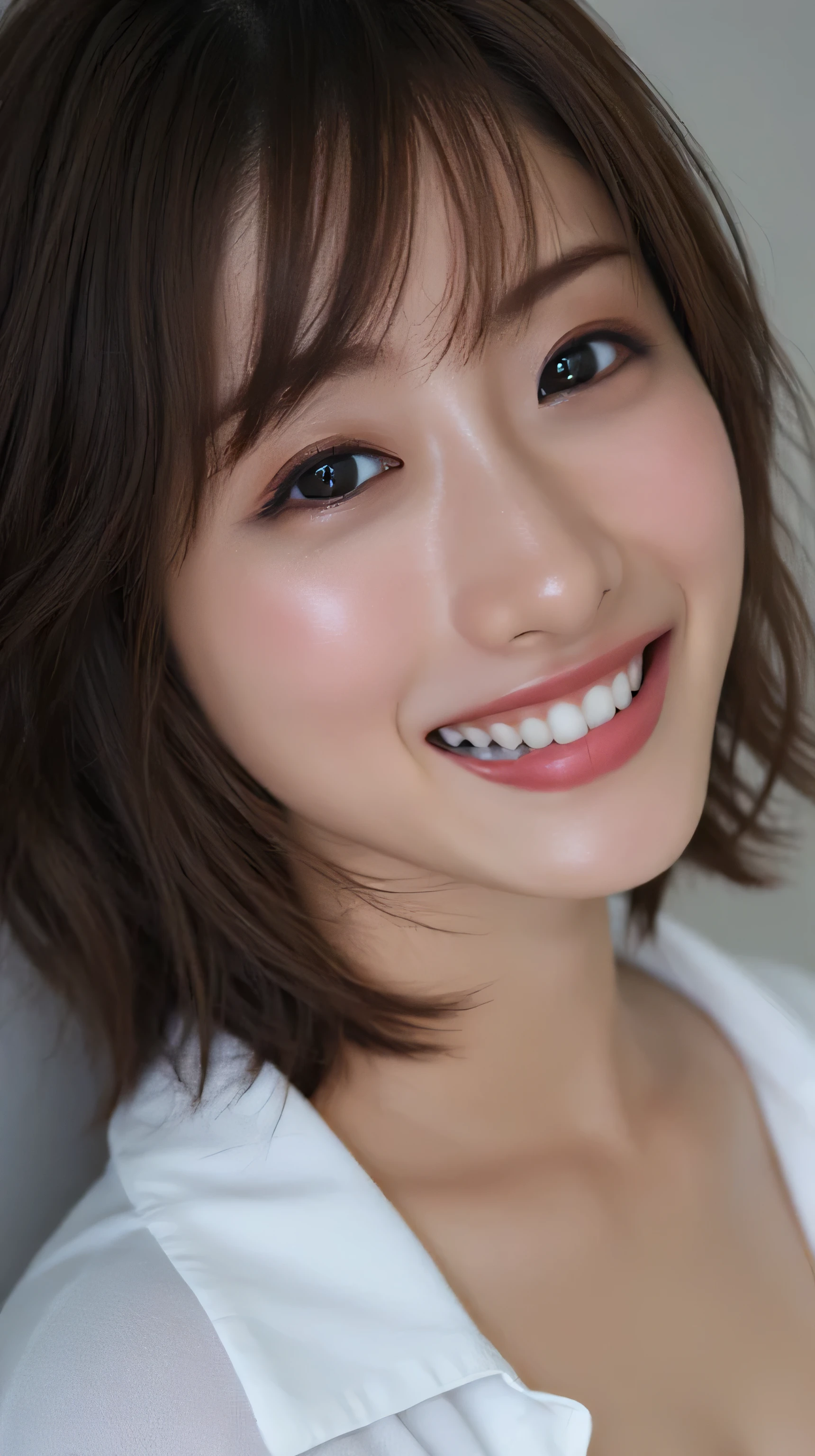 best quality,masterpiece,ultra high definition,(realistic:1.4), ( close-up portrait ) RAW photo、1 girl, 2, Slender Body、(cosplay), (Too Exposed), Nipples,((SHORT STRAIGHT HAIR)), ((Sexy body)), ((sexy pose that stretches my chest)), realistic pictures, ((long black hair,bungs ,smile、 lean forward)), (((loose open shirt、belly button)))