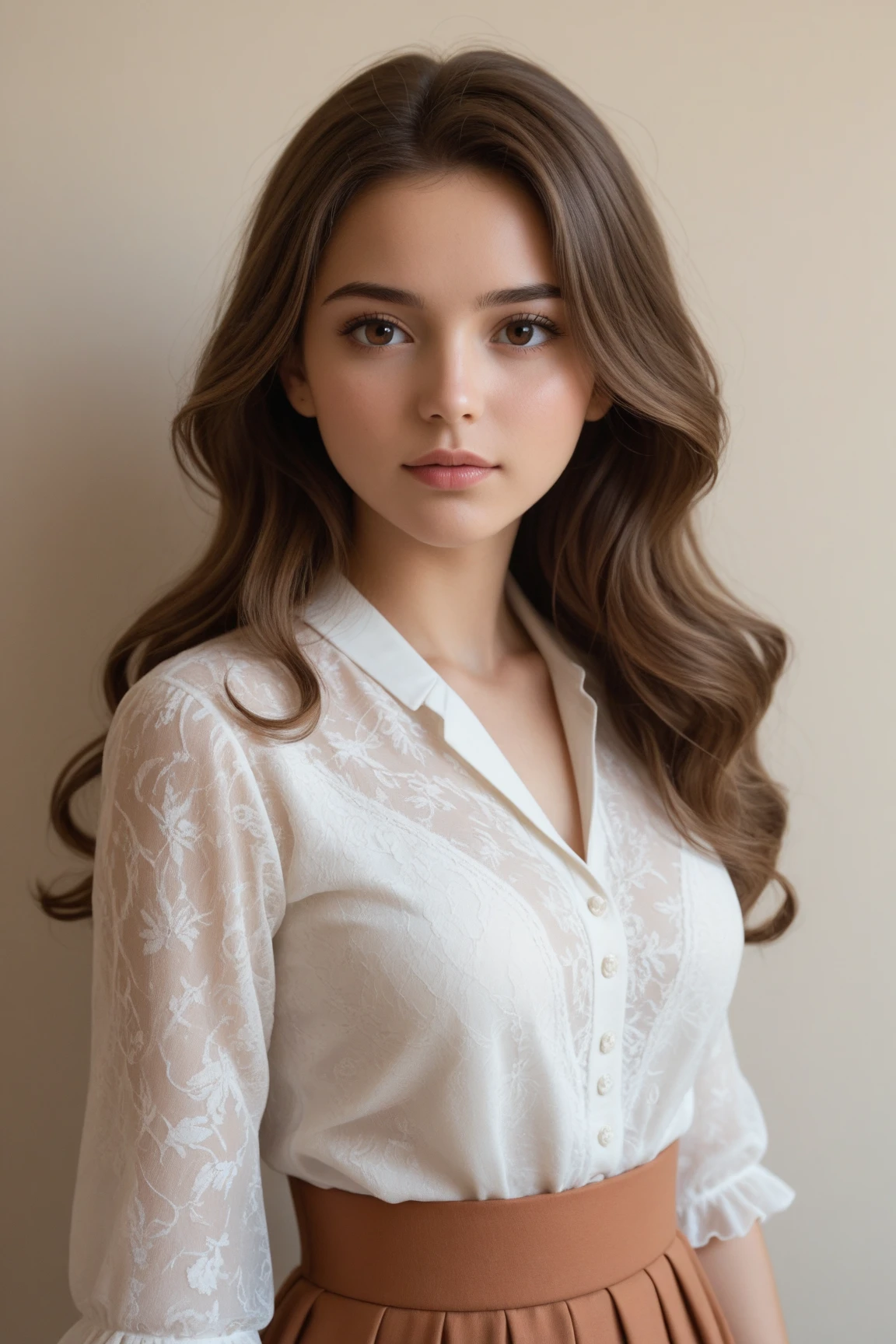  25-year-old female nurse with curly hair and honey-colored eyes with a round face  , tiene un uniforme de enfermera color  blanco, con una pared de fondo color morado pastel