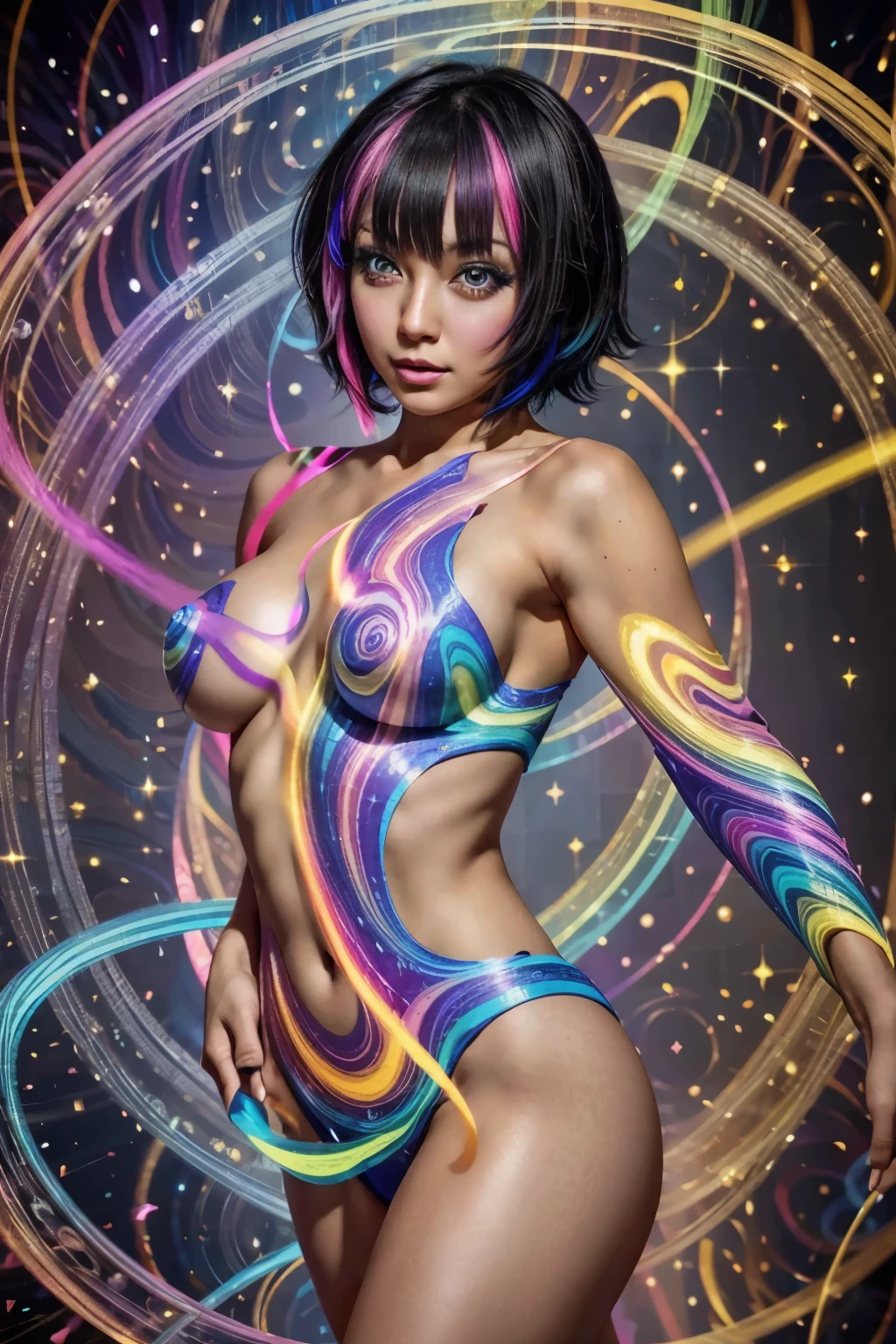 hypnosis師, Japanese,  black hair,short hair, Wolf cut outside, droopy eyes, villain makeup,  small ,  the body and face are facing the viewer , Staring at Viewers, hypnosis, standing completely naked, Skin that shines in seven colors,  Seven color swirls and ripples of magical light emanating from her nipples all over her body, Magical light swirls and ripples with seven-color swirls from the abdomen all over the body,  Seven color swirls and ripples of magical light emanating from her arms,  Seven color swirls and ripples of magical light emanating from her legs, Cast magic on viewers , The background is a pink magical swirl of light in a different dimensional space, Magical light swirls and ripples with seven-color swirls on the chest ,  Magical light swirls and ripples with seven-color swirls on the waist ,  Magical light swirls and ripples with seven-color swirls on the face, 