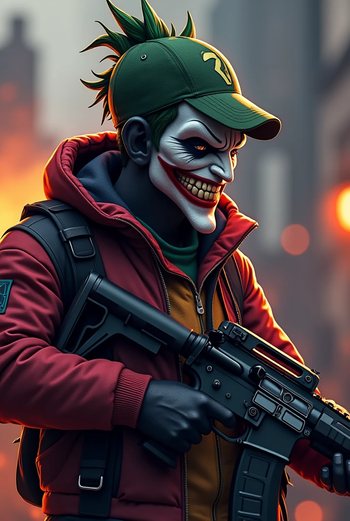 Realistic painting style,Put on a white-green clown mask,You can see the border between the face and the mask,Wearing a black winter down jacket,With a long-handled axe