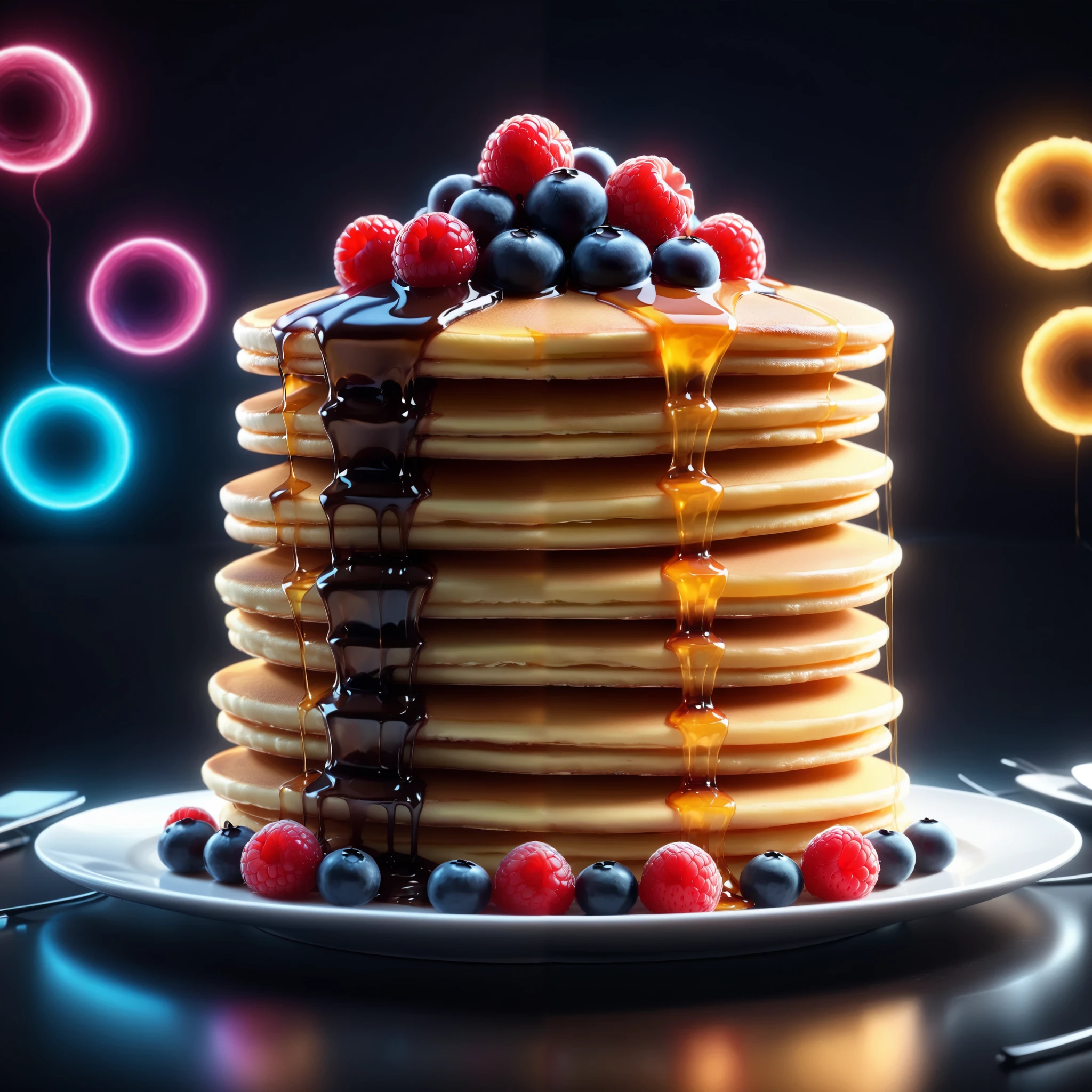 Bright Neon Style Pancakes,super real,Shining Characters,Shocking Effects,Scenes Where You Can Feel the Vibrations of Deliciousness 4K,best image quality,photorealistic,physics-based drawing,Extreme Delicate Texture,professional to be filmed at,vibrant colors,Bokeh,HDR,Studio Lighting